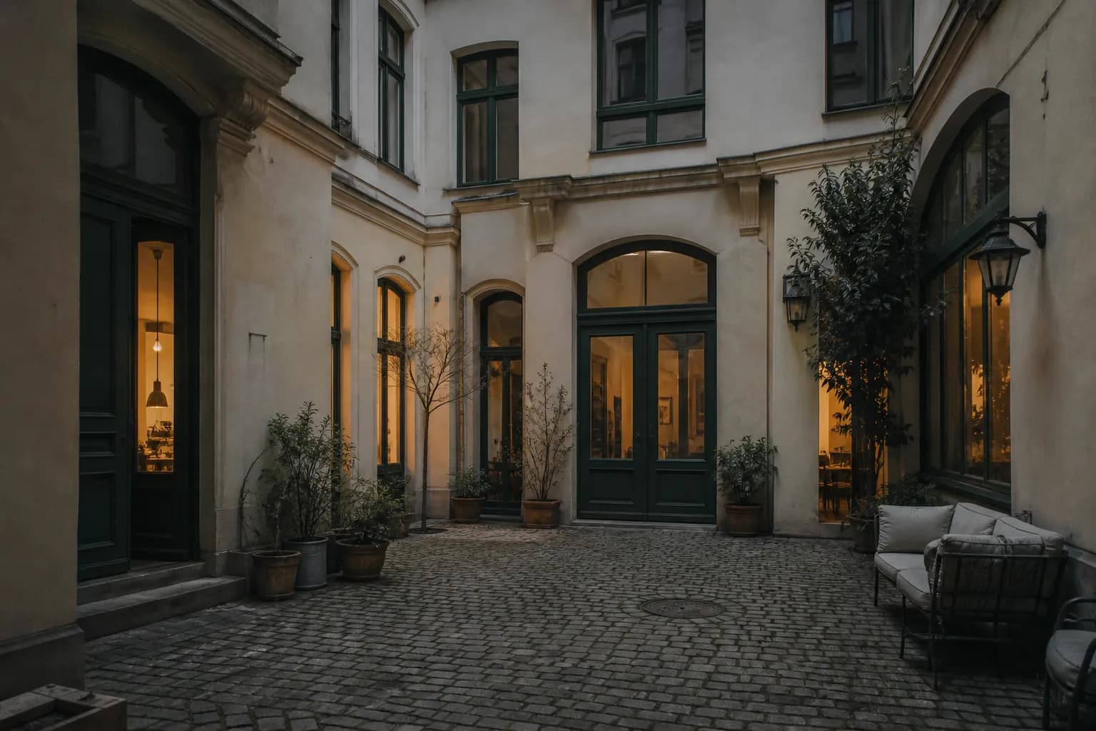 Berliner Hinterhof mit Altbau und Gewerbezugang, Abendlicht in den Fenstern