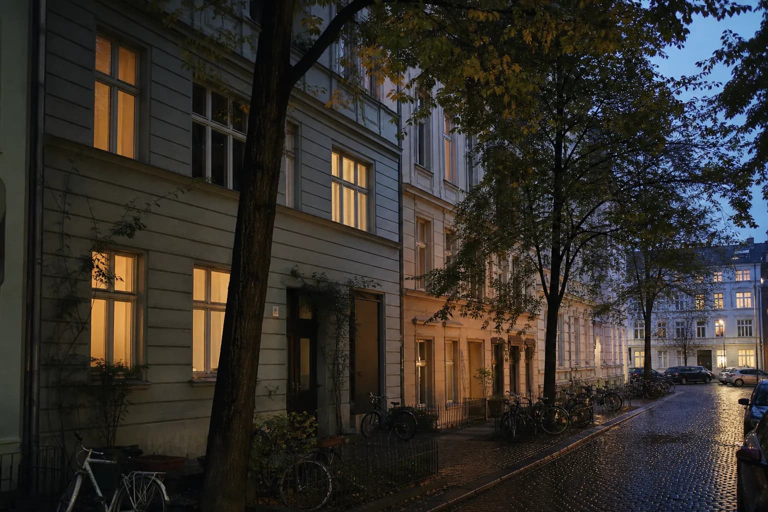 Ruhige Berliner Altbaustraße bei Abendlicht, nasses Pflaster, beleuchtete Fenster
