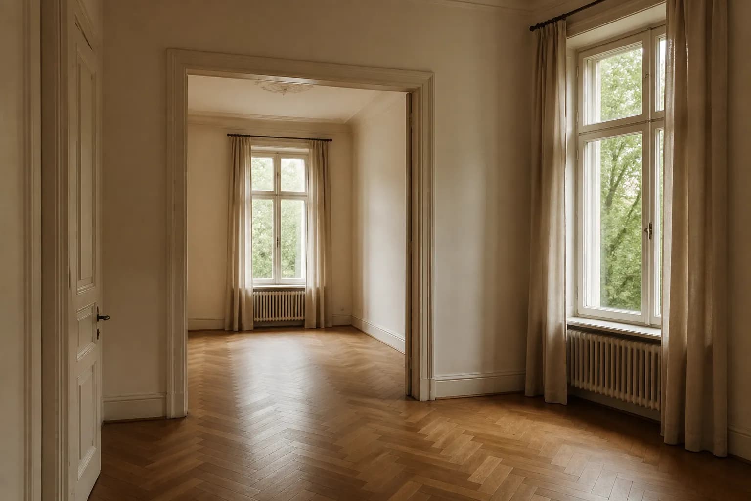 Leere Berliner Altbauwohnung mit Fischgrätparkett und hohem Fensterlicht