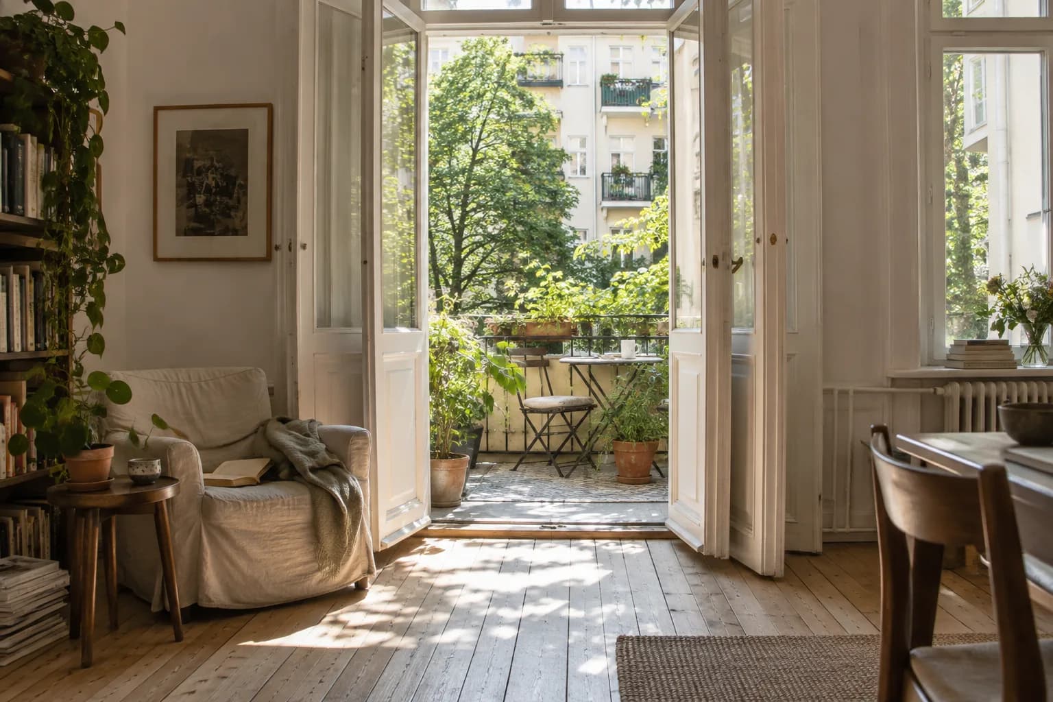 Illustrativer Berliner Altbau-Wohnraum mit Balkon