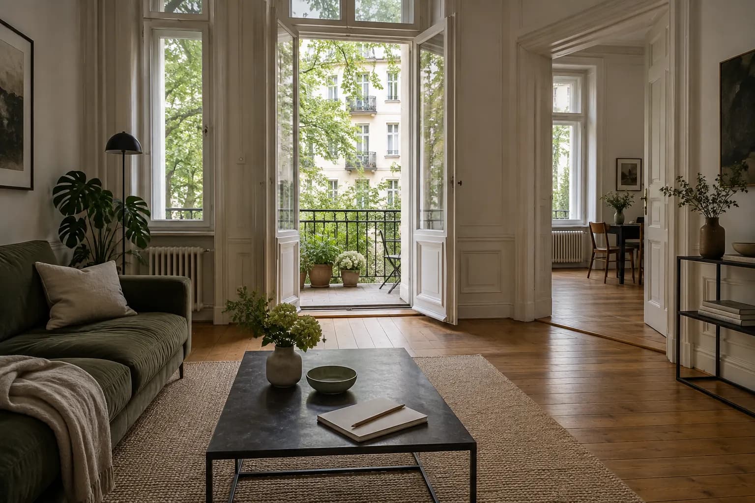 Illustratives Berliner Altbauwohnzimmer mit Blick auf einen grünen Innenhof