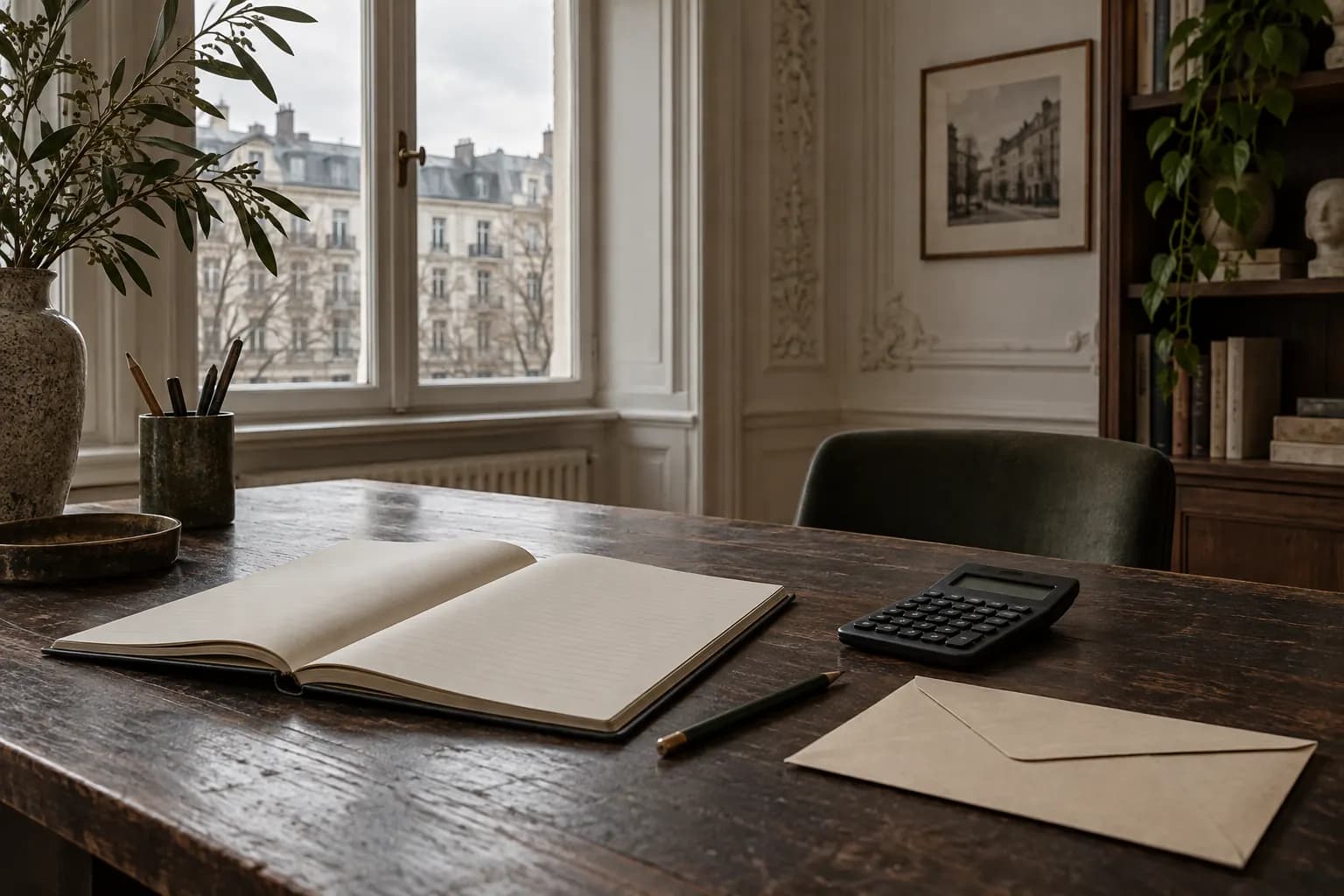 Illustratives Arbeitszimmer mit Notizbuch, Taschenrechner und Briefumschlag
