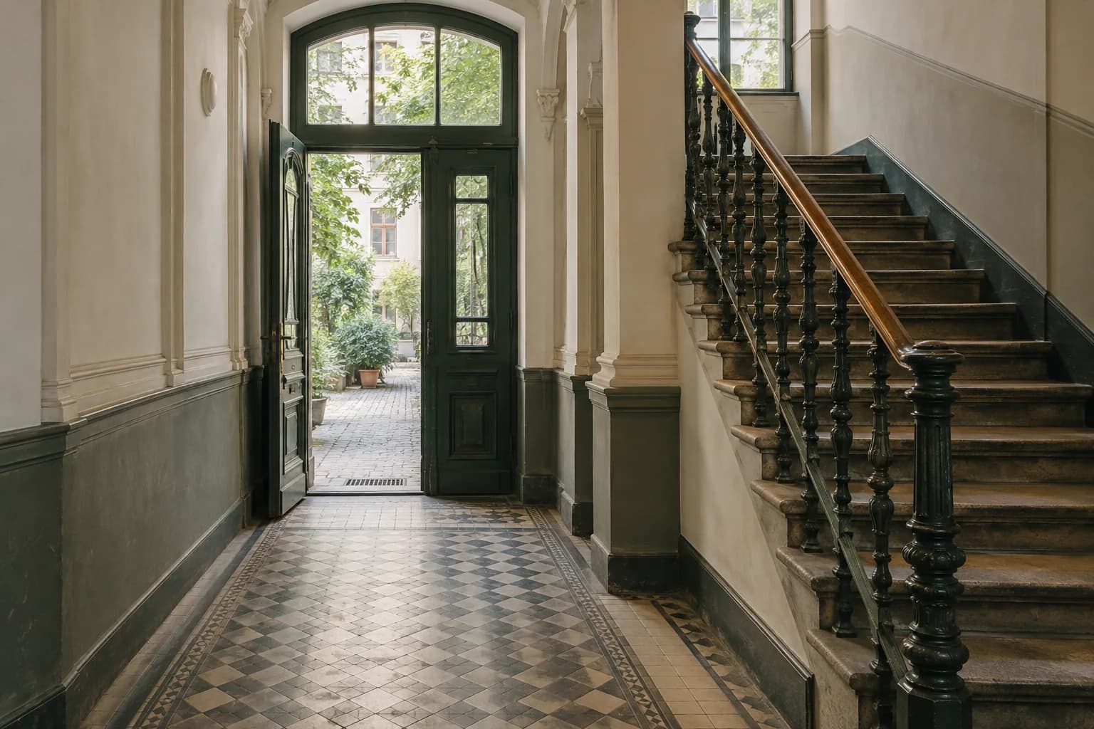 Illustratives Treppenhaus eines Berliner Altbaus mit historischem Bodenbelag